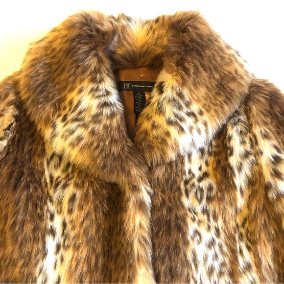 INC Leopard Faux Fur Collared Coat Flare Hem Pockets - Picture 7 of 10